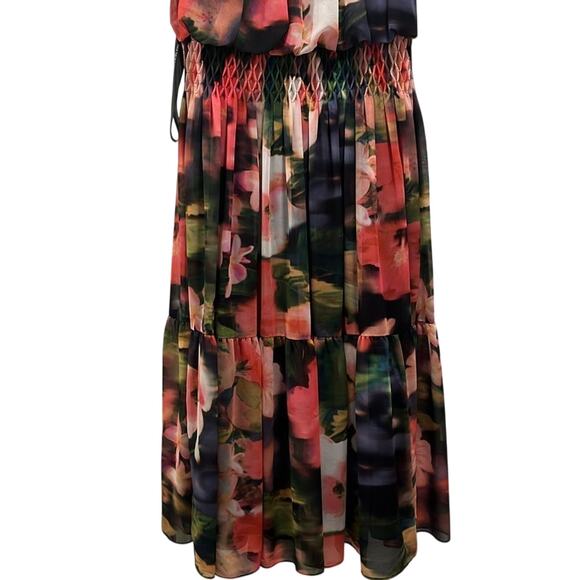 Kay Unger Leilani Hibiscus Print Blouson Maxi $388 Dress in Bright Coral Size 8 - Picture 7 of 8